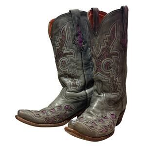 Lucchese VTG M3568 Womens 8C Gray Plato Calf Purple Inlay Western Snip Toe FLAWS